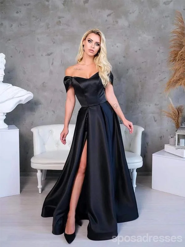 Evening dress with lace-up back-Simple Black A-line Off Shoulder Side Slit Long Prom Dresses Online,12786