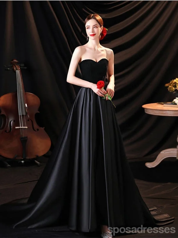 Evening dress with high-low hem-Simple Black A-line Sweetheart Cheap Long Prom Dresses Online,12753