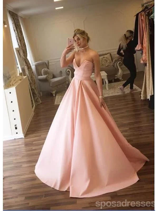 Evening dress with illusion skirt-Simple Blush Pink A-line Sweetheart V-neck Long Prom Dresses Online,12675