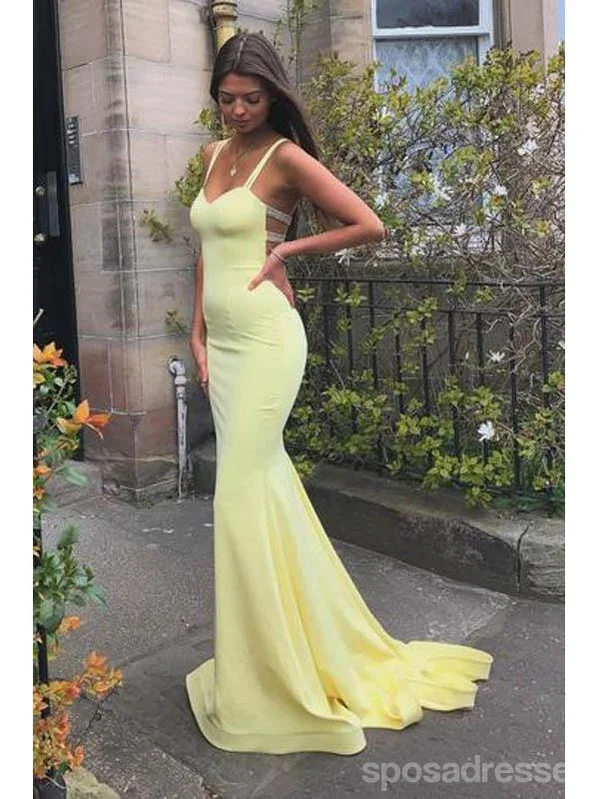 Evening dress with crystals-Simple Mermaid Yellow Spaghetti Straps Cheap Long Prom Dresses Online,12688