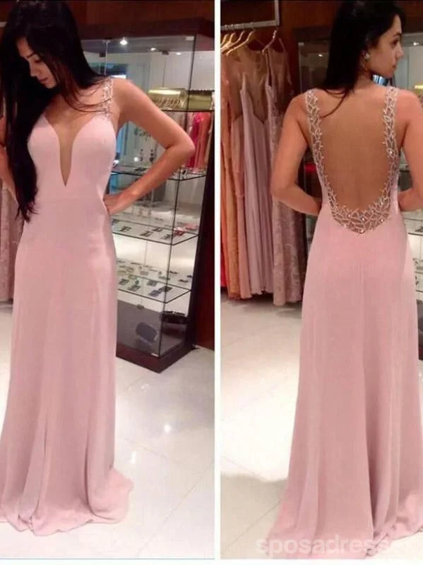 Evening dress with backless design-Simple Pink A-Line Backless V-neck Long Prom Dresses Online,Dance Dresses,12635