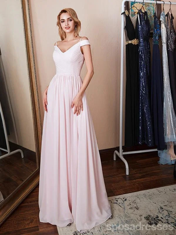 Evening dress with plunging neckline-Simple Pink A-line Off Shoulder Spaghetti Straps Long Prom Dresses Online, Dance Dresses,12570