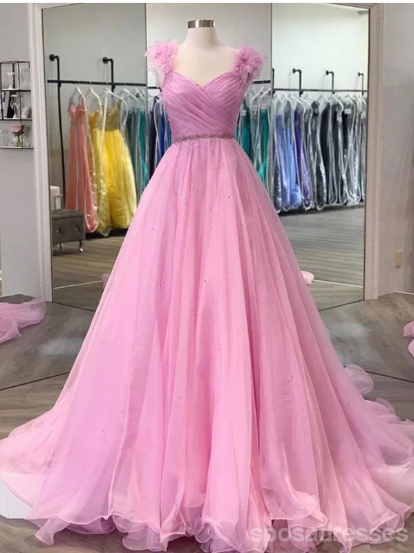 Evening dress with sweetheart neckline-Simple Pink A-line V-neck Cheap Long Prom Dresses Online,12817