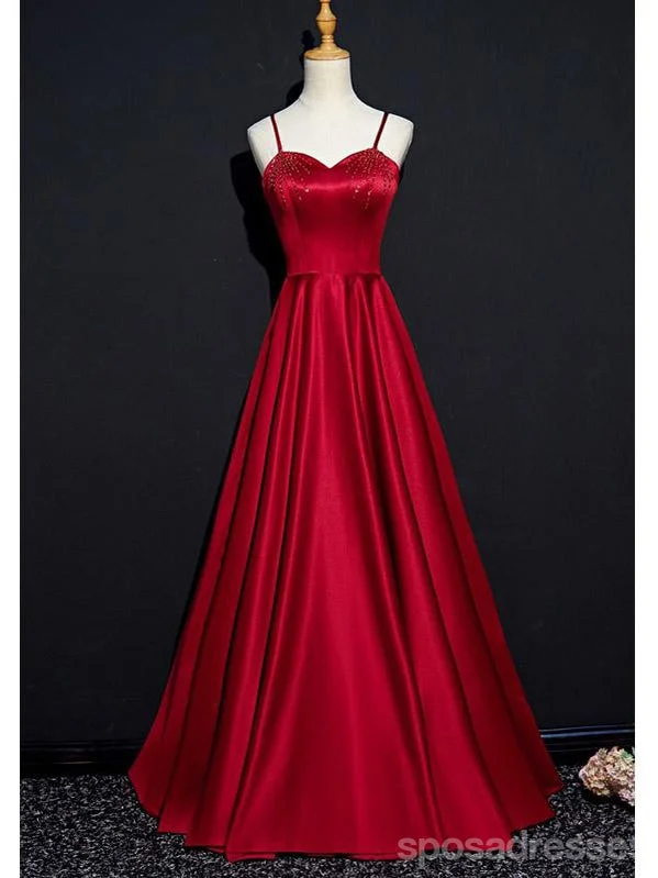 White evening dress-Simple Red A-line Spaghetti Straps V-neck Cheap Long Prom Dresses Online,12645