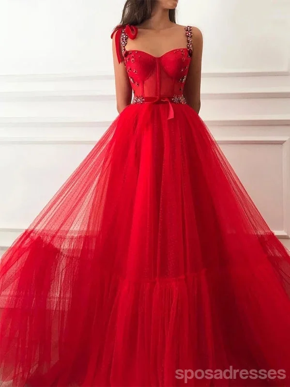 Evening dress with illusion back-Simple Red A-line Straps Cheap Long Prom Dresses Online,Dance Dresses,12791