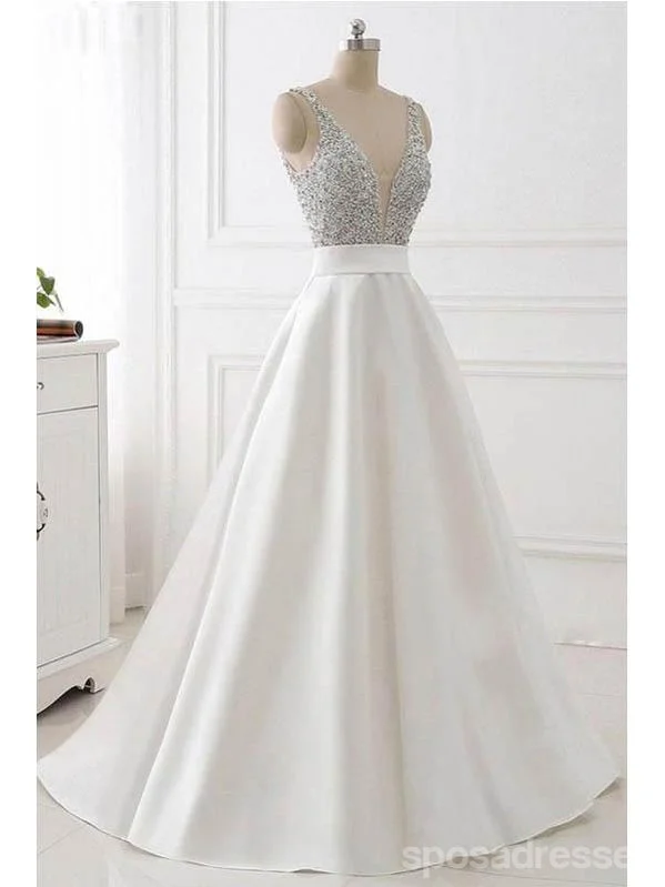 Champagne evening dress-Simple White A-line V-neck Long Prom Dresses Online, Evening Party Dresses,12709