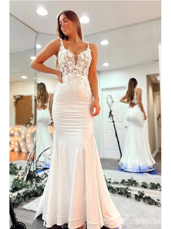 Evening dress with trumpet silhouette-Simple White Mermaid V-neck Cheap Long Prom Dresses Online,12814