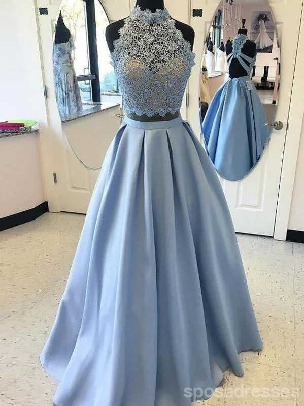 Evening dress with illusion neckline-Sky Blue A-line Halter Two Pieces Cheap Long Prom Dresses Online,12620