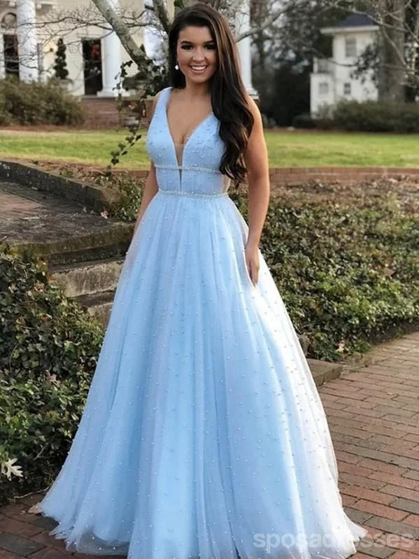 Evening dress with ruffled hem-Sky Blue A-line Straps V-neck Long Prom Dresses Online, Dance Dresses,12608