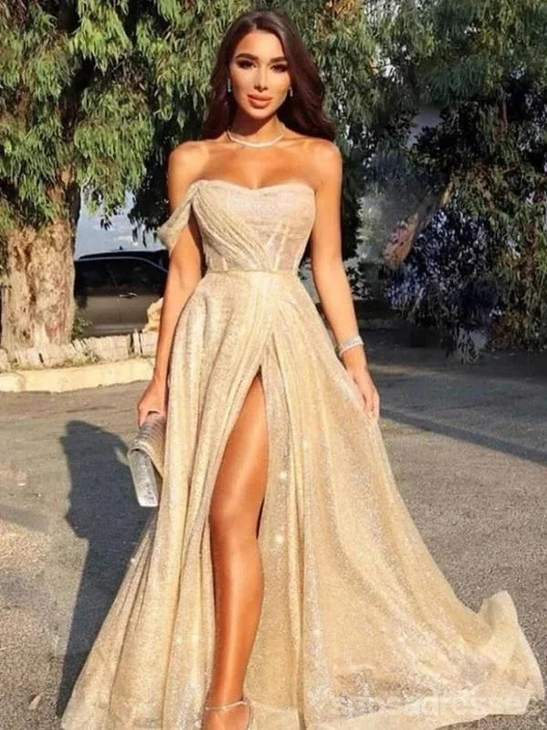 Evening dress with taffeta-Sparkly A-line Gold One Shoulder High Slit Long Party Prom Dresses Online,12563