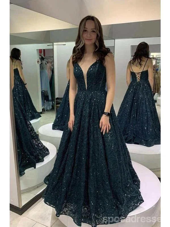 Evening dress with metallic finish-Sparkly Dusty Blue A-line V-neck Long Prom Dresses Online,Evening Party Dresses,12749