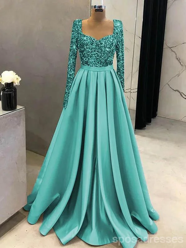 Evening dress with beaded details-Sparkly Green A-line Long Sleeves Cheap Prom Dresses Online, Evening Party Dresses,12697