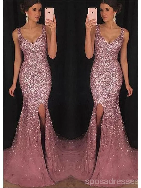 Evening dress with fringe-Sparkly Mermaid Dusty Rose Side Slit Cheap Long Prom Dresses Online,12623