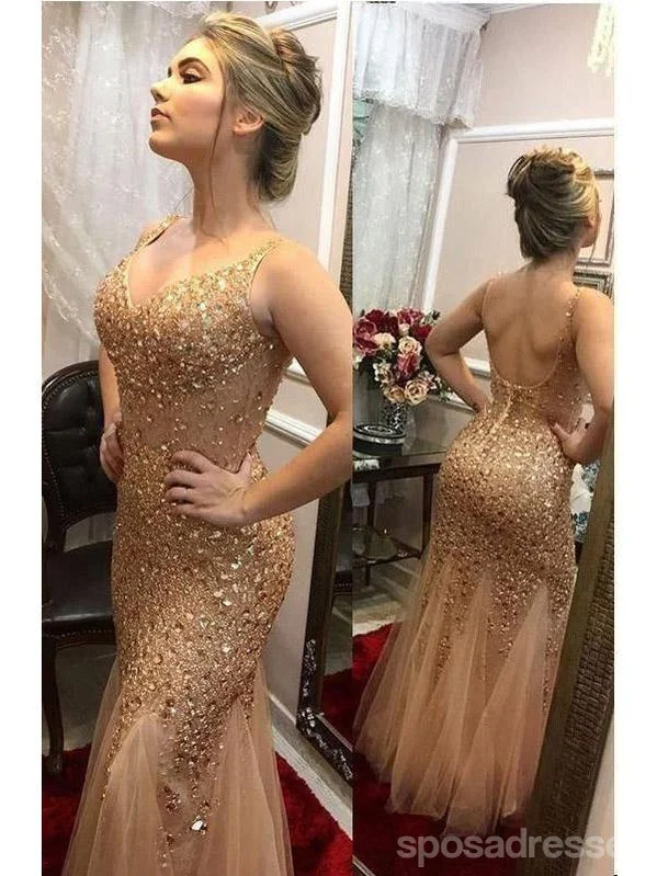 Evening dress with flared skirt-Sparkly Mermaid Gold Straps V-neck Long Prom Dresses Online,12624