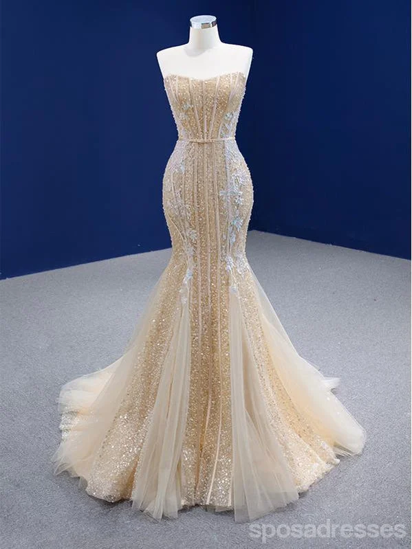 Evening dress with tulle-Sparkly Mermaid Sweetheart Champagne Gold Long Party Prom Dresses Online,12562