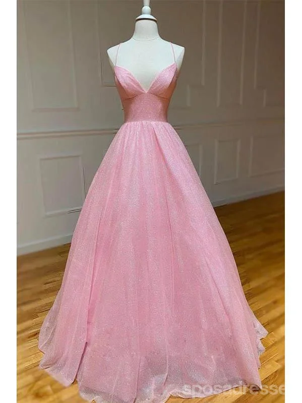 Evening dress with tulle-Sparkly Pink A-line Spaghetti Straps V-neck Backless Long Prom Dresses Online,12727