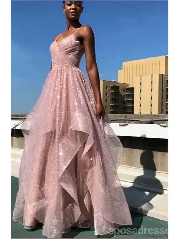 Evening dress with statement sleeves-Sparkly Pink A-line V-neck Spaghetti Straps Long Prom Dresses Online,12661