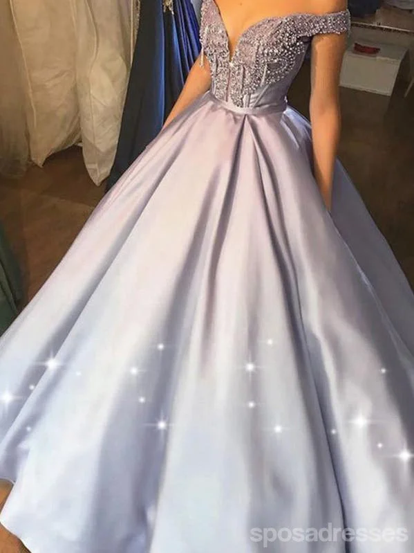 Evening dress with illusion sleeves-Sparkly Silver A-line Off Shoulder V-neck Long Prom Dresses Online,Dance Dresses,12619