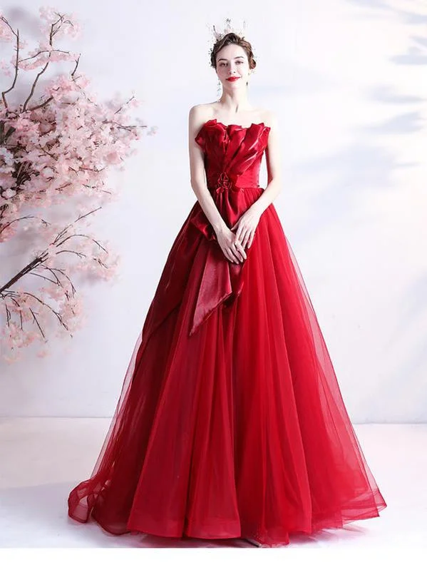 Evening dress with puff sleeves-Sweetheart Red Ruffle A-line Long Evening Party Prom Dresses, Dance Dresses,12523