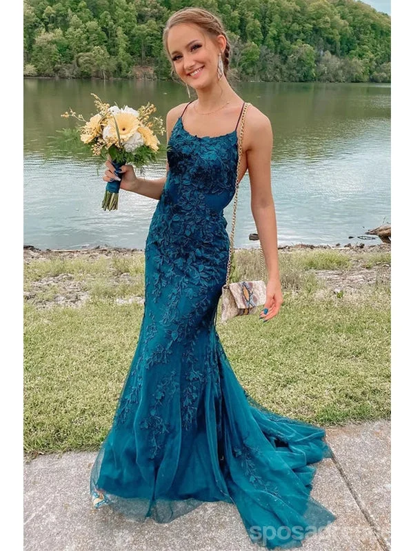 Evening dress with cape-Teal Mermaid Spaghetti Straps Backless Cheap Long Prom Dresses,12849