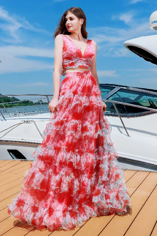 Evening dress with chiffon-Two-Piece Sweep-Brush Train Figured Cloth Prom Dress CS0482