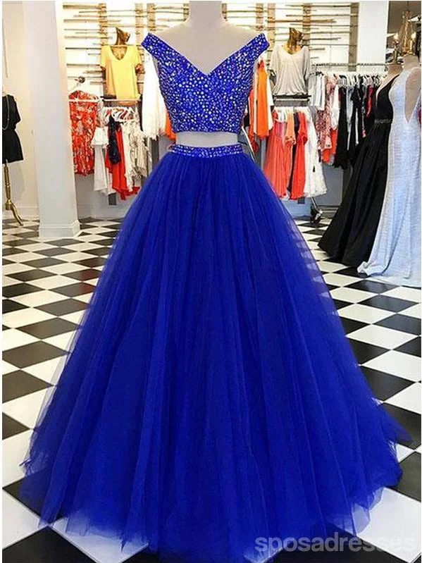 Halter neck evening dress-Two Pieces Blue A-line Off Shoulder V-neck Cheap Long Prom Dresses Online,12595