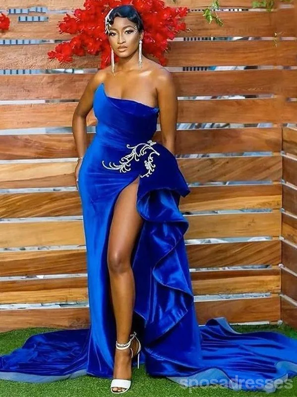 Evening dress with modern design-Unique Blue Mermaid Sweetheart High Slit Cheap Long Prom Dresses Online,12747