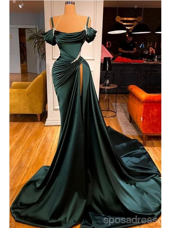 Evening dress with glitter-Unique Emerald Green Mermaid Spaghetti Straps High Slit Long Prom Dresses,12837