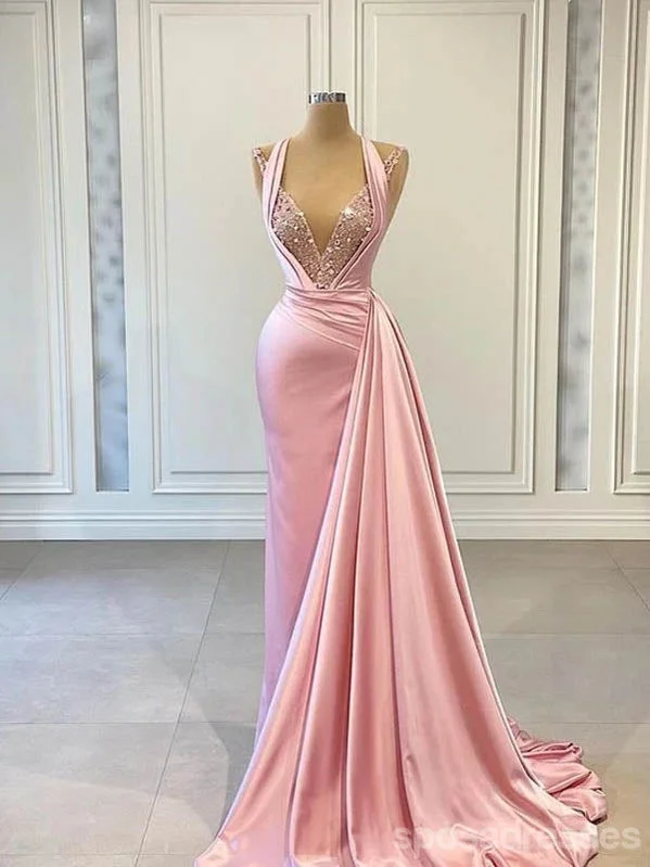 Evening dress with glitter-Unique Mermaid Pink Halter V-neck Cheap Long Prom Dresses Online,12677