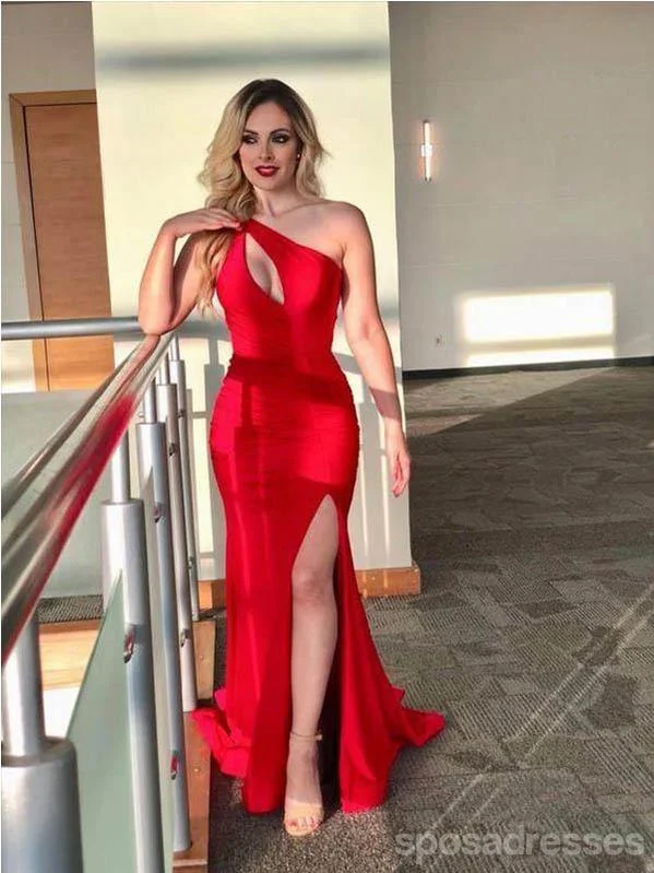 Silver evening dress-Unique Mermaid Red One Shoulder High Slit Cheap Long Prom Dresses Online,12717