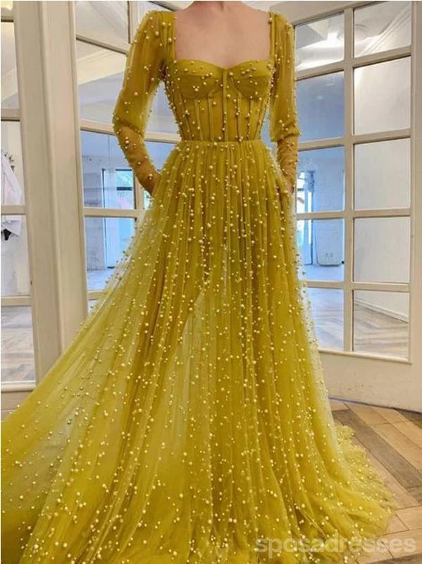 Evening dress with slit-Yellow A-line Long Sleeves Prom Dresses Online, Evening Party Dresses,12731