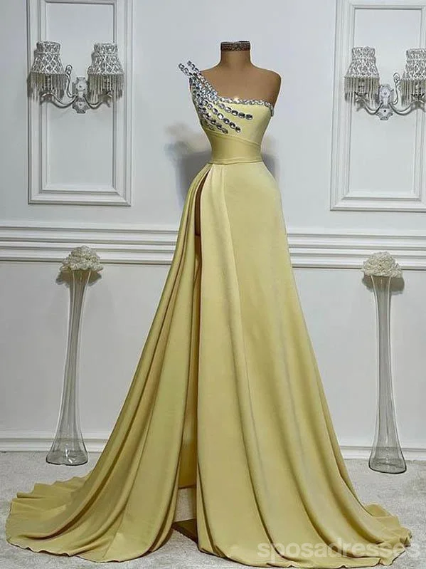 Evening dress with draped bodice-Yellow A-line One Shoulder High Slit Cheap Long Prom Dresses Online,12686