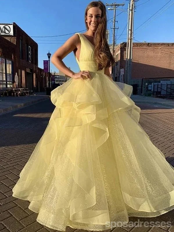 Off-white evening dress-Yellow A-line Sleeveless V-neck Long Prom Dresses Online,Dance Dresses,12591