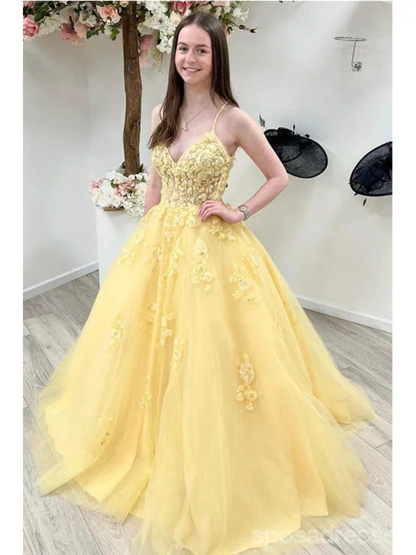 Formal evening dress-Yellow A-line Spaghetti Straps V-neck Cheap Long Prom Dresses Online,12809