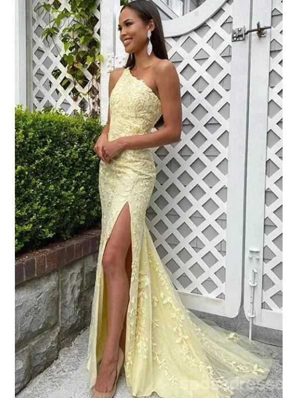 Evening dress with wrap design-Yellow Mermaid One Shoulder High Slit Cheap Long Prom Dresses Online,12725