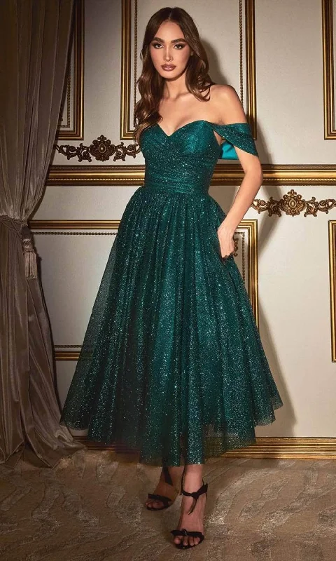 Cocktail dress with tulle-Cinderella Divine CD870 - Tea-Length Dress with Off-Shoulder Design