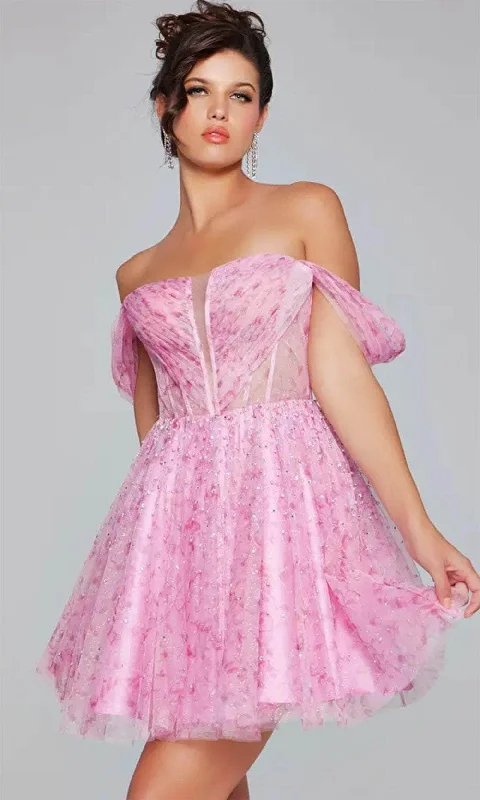 Cocktail dress with sleeves-Jovani 38000SC - Floral Print Off Shoulder Cocktail Dress