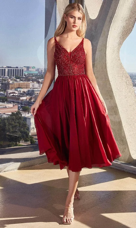 Cocktail dress with bow-Ladivine CD0225 - Beaded V-Neck Cocktail Dress