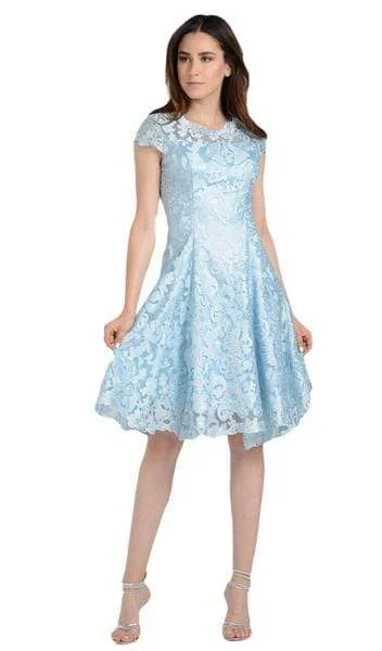 Cocktail dress with puff sleeves-Poly USA - Jewel Lace A-Line Cocktail Dress 8090