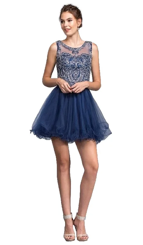 Cocktail dress with high-low hem-Trevi Collection - Beaded Illusion Jewel Homecoming A-line Dress