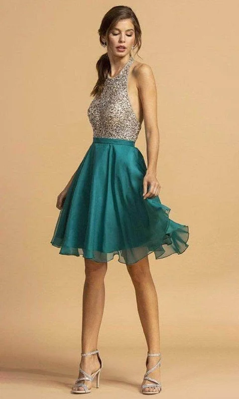 Cocktail dress with geometric patterns-Trevi Collection - Bejeweled Halter A-Line Cocktail Dress S2140 - 1 pc Teal In Size XS Available