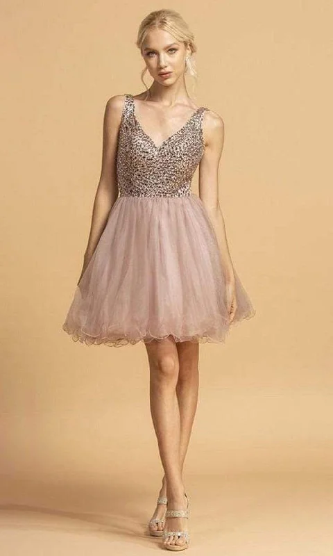 Cocktail dress with high neckline-Trevi Collection - S2114 Beaded Bodice Fit and Flare Tulle Dress - 1 pc Blush In Size S Available