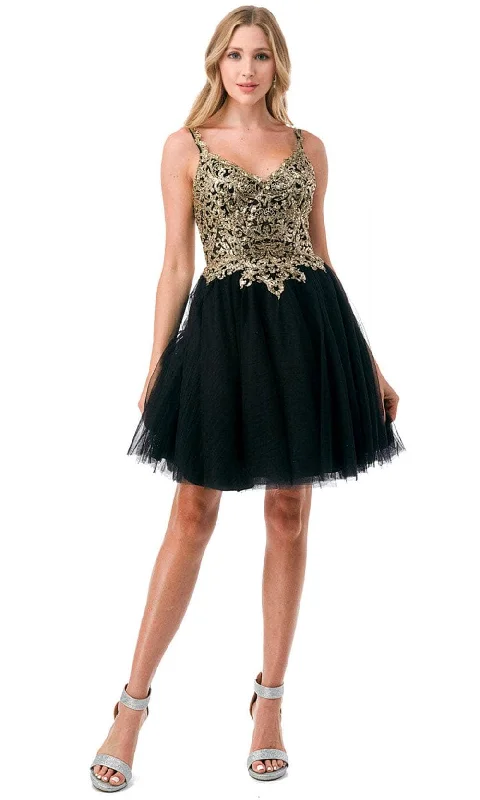 Cocktail dress with flared skirt-Trevi Collection S2757J - Beaded Appliqued V-Neck Cocktail Dress